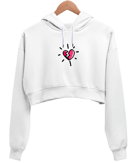 Tisho - Kırık Kalp Beyaz Kadın Crop Hoodie Kapüşonlu Sweatshirt