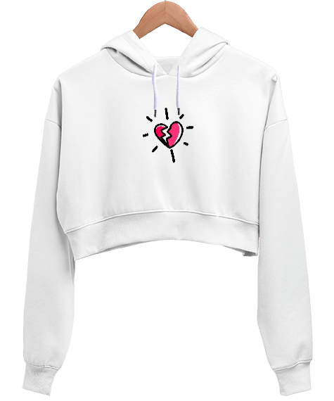 Kırık Kalp Beyaz Kadın Crop Hoodie Kapüşonlu Sweatshirt - Tisho