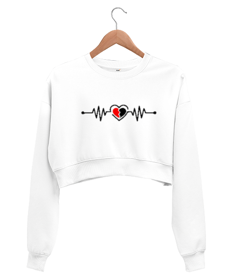Tisho - Kırık Kalp Ritmi Beyaz Kadın Crop Sweatshirt