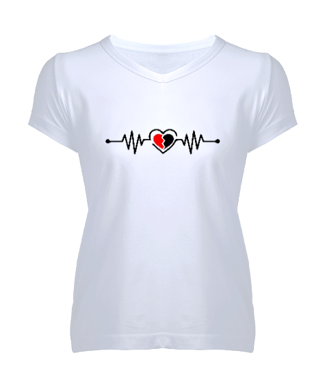 Tisho - Kırık Kalp Ritmi Beyaz Kadın V Yaka Tişört