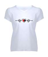 Kırık Kalp Ritmi Beyaz Kadın V Yaka Tişört - Tisho