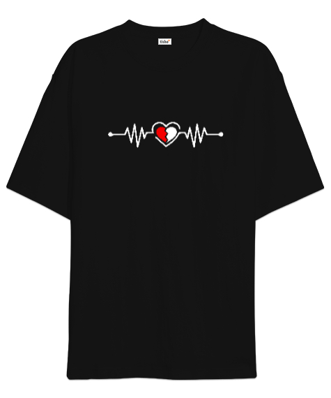 Tisho - Kırık Kalp Ritmi Siyah Oversize Unisex Tişört