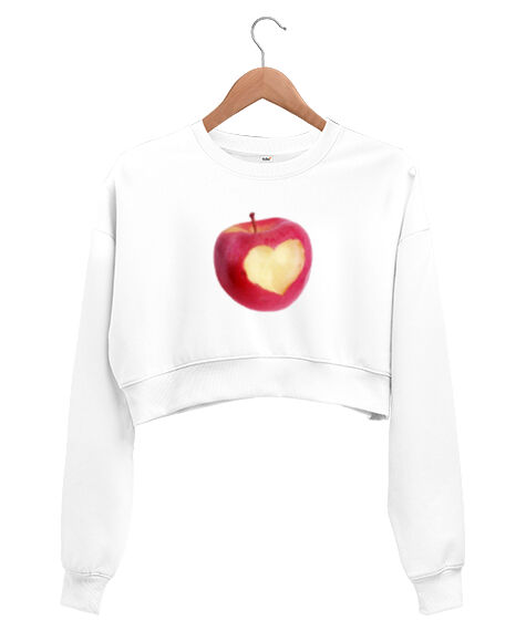 Tisho - Kırmızı Aşk Elma Beyaz Kadın Crop Sweatshirt