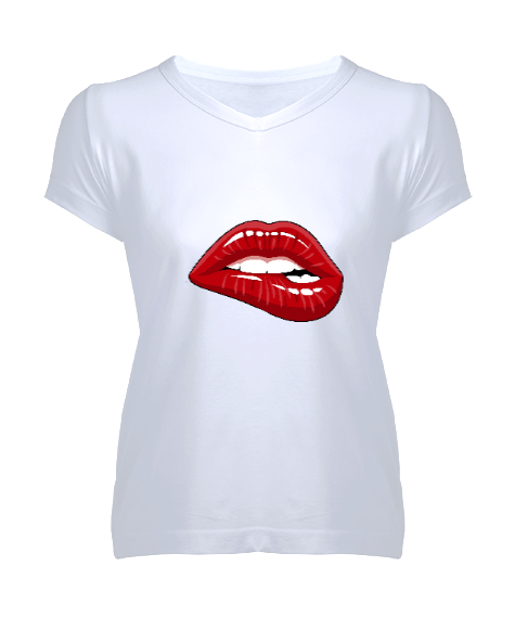 Tisho - Kırmızı Dudak Beyaz Kadın V Yaka Tişört