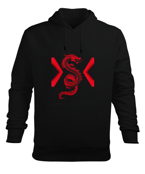 Tisho - Kırmızı ejderha baskılı Siyah Erkek Kapüşonlu Hoodie Sweatshirt