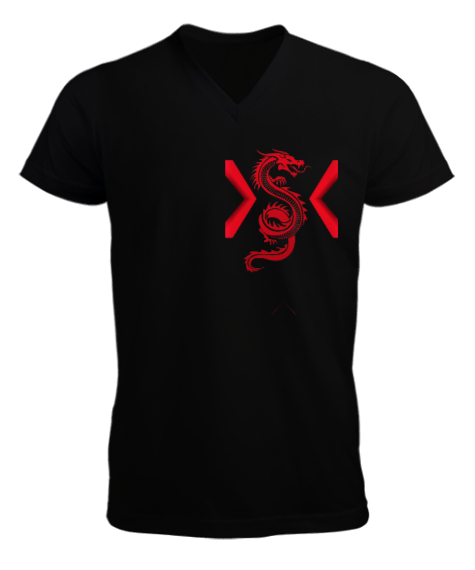 Tisho - Kırmızı ejderha baskılı Siyah Erkek Kısa Kol V Yaka Tişört