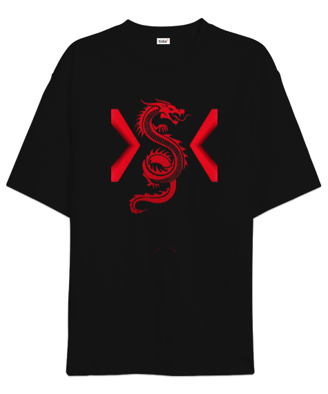Tisho - Kırmızı ejderha baskılı Siyah Oversize Unisex Tişört