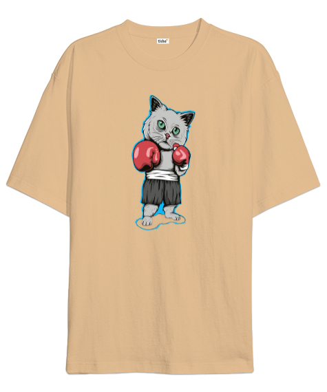 Tisho - Kırmızı eldivenli boksör kedi baskılı Camel Oversize Unisex Tişört
