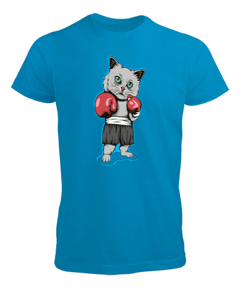 Tisho - Kırmızı eldivenli boksör kedi baskılı Turkuaz Erkek Tişört