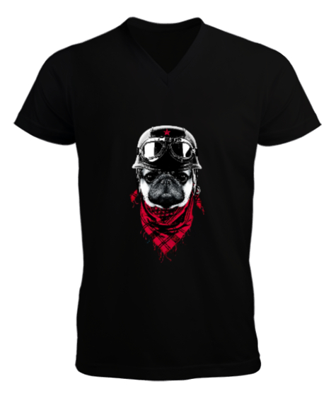 Tisho - Kırmızı flarlı köpek Siyah Erkek Kısa Kol V Yaka Tişört
