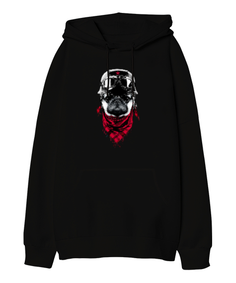 Tisho - Kırmızı flarlı köpek Siyah Oversize Unisex Kapüşonlu Sweatshirt