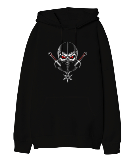 Tisho - Kırmızı gözlü ninja baskılı Siyah Oversize Unisex Kapüşonlu Sweatshirt