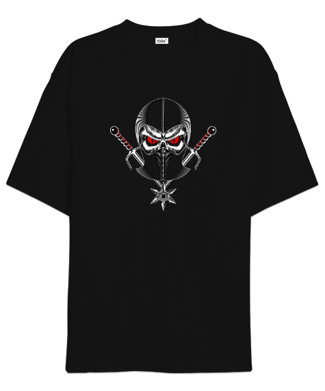 Tisho - Kırmızı gözlü ninja baskılı Siyah Oversize Unisex Tişört