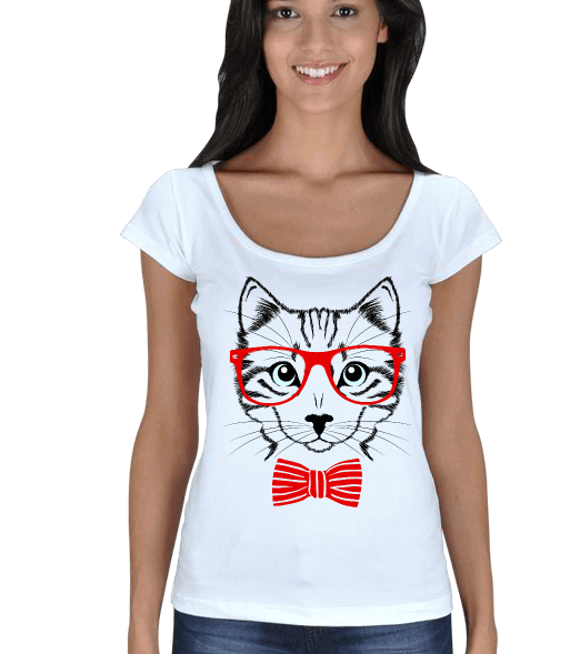 Tisho - Kırmızı gözlüklü Kedi Kadın Açık Yaka