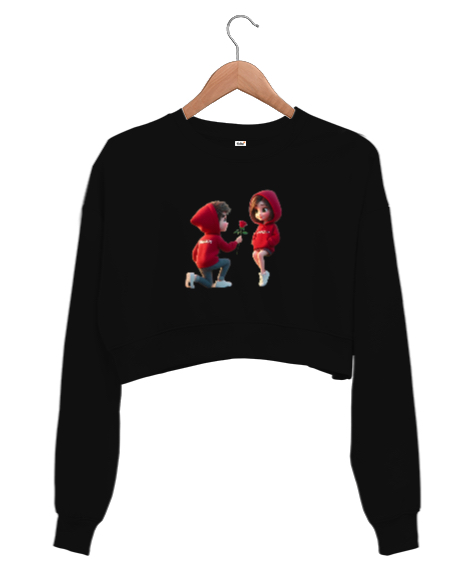 Tisho - Kırmızı gül Siyah Kadın Crop Sweatshirt