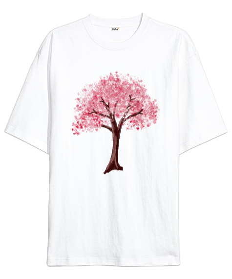 Tisho - Kırmızı Japon Yaşam Ağacı Anime Beyaz Oversize Unisex Tişört