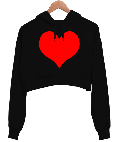 Tisho - Kırmızı Kalp Kadın Crop Hoodie Kapüşonlu Sweatshirt