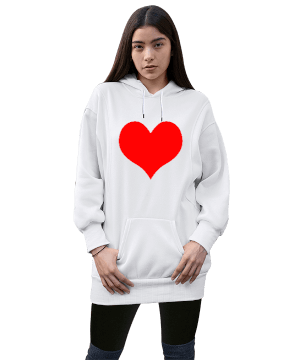 kırmızı kalp Kadın Uzun Hoodie Kapüşonlu Sweatshirt - Thumbnail