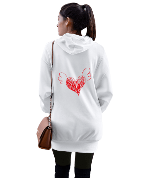 kırmızı kalp Kadın Uzun Hoodie Kapüşonlu Sweatshirt - Thumbnail