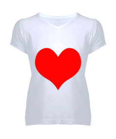 kırmızı kalp tasarımlı Kadın V Yaka Tişört - Tisho