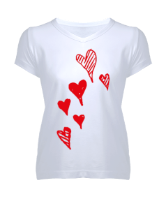 kırmızı kalpler tasarımlı Kadın V Yaka Tişört - Tisho