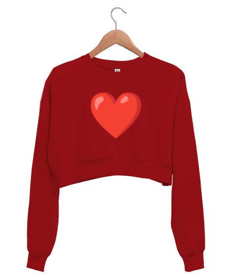 Tisho - Kırmızı kalpli kırmızı Kırmızı Kadın Crop Sweatshirt