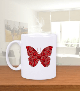 Tisho - Kırmızı kelebekli kupa Beyaz Kupa Bardak