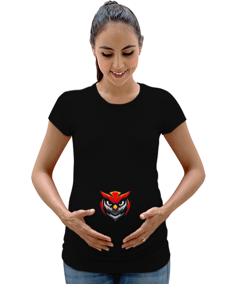 Tisho - Kırmızı sevimli baykuş baskılı Siyah Kadın Hamile Tişört