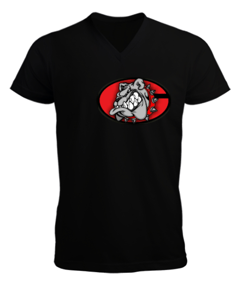 Tisho - Kırmızı tasmalı bulldog Siyah Erkek Kısa Kol V Yaka Tişört