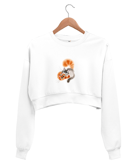 Tisho - Kırmızı ve Gri Sevimli Kedicikler Beyaz Kadın Crop Sweatshirt