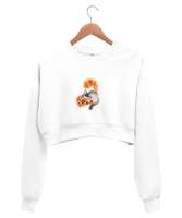 Kırmızı ve Gri Sevimli Kedicikler Beyaz Kadın Crop Sweatshirt - Tisho