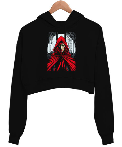 Tisho - Kırmızılı Kız Siyah Kadın Crop Hoodie Kapüşonlu Sweatshirt
