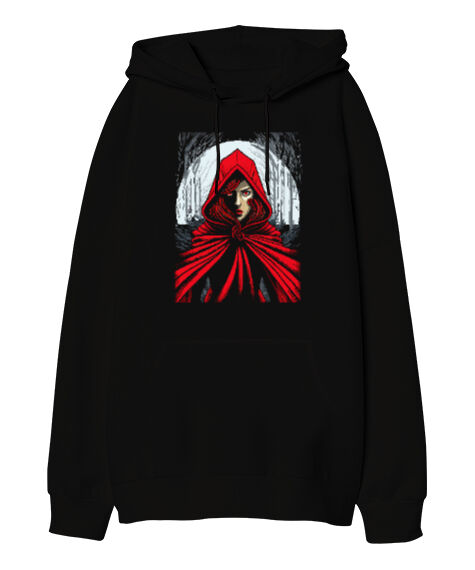 Tisho - Kırmızılı Kız Siyah Oversize Unisex Kapüşonlu Sweatshirt