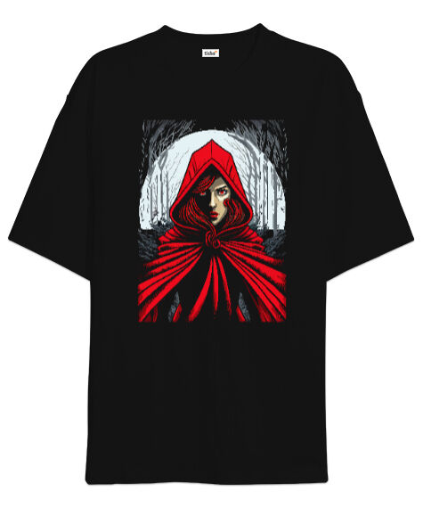Tisho - Kırmızılı Kız Siyah Oversize Unisex Tişört