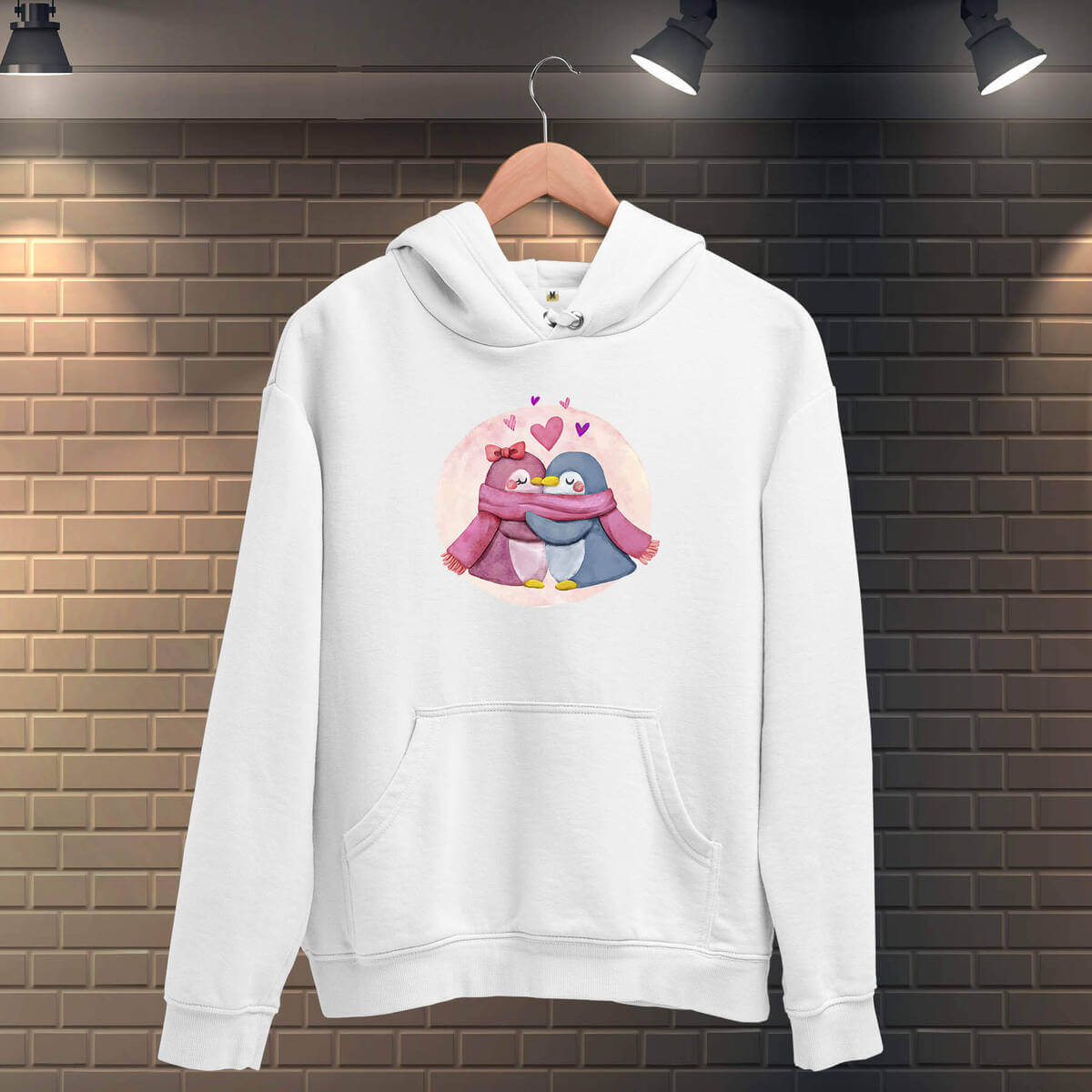 Tisho - Kış Sevgili Penguenler Erkek Kapüşonlu Sweatshirt