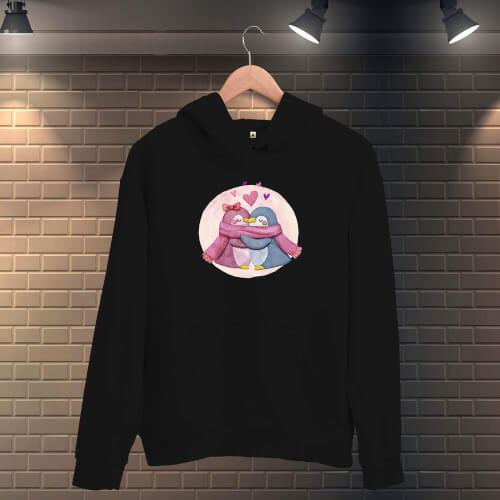 Kış Sevgili Penguenler Erkek Kapüşonlu Sweatshirt - Thumbnail