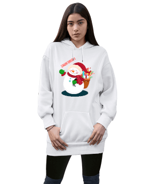 kış tasarımlı Kadın Uzun Hoodie Kapüşonlu Sweatshirt - Thumbnail