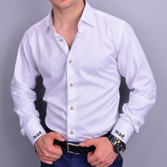 Nakış İşlemeli Slim Fit Erkek Beyaz Desenli Gömlek - Thumbnail