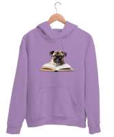Kitap Okuyan Sevimli Gözlüklü Köpek Lila Unisex Kapşonlu Sweatshirt - Tisho