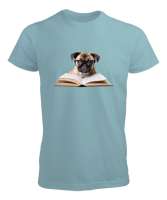 Kitap Okuyan Sevimli Gözlüklü Köpek Su Yeşili Erkek Tişört - Tisho