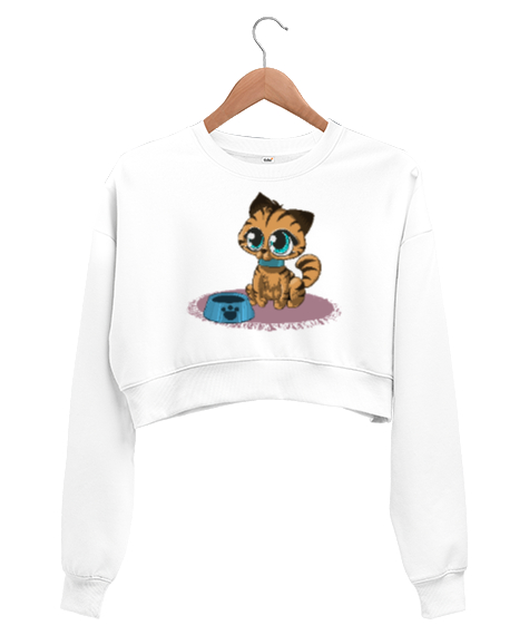 Tisho - Kitty Cat Beyaz Kadın Crop Sweatshirt