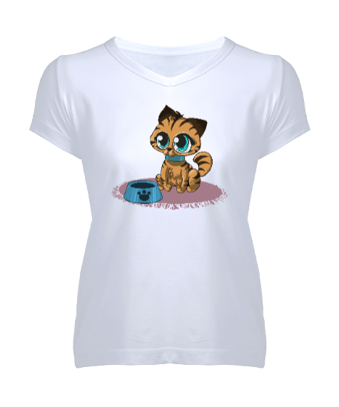 Tisho - Kitty Cat Beyaz Kadın V Yaka Tişört