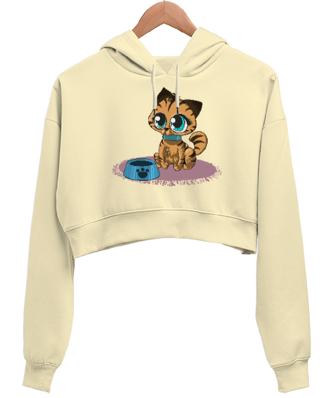 Tisho - Kitty Cat Krem Kadın Crop Hoodie Kapüşonlu Sweatshirt