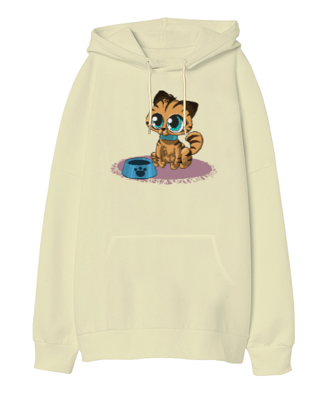 Tisho - Kitty Cat Krem Oversize Unisex Kapüşonlu Sweatshirt