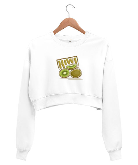 Tisho - Kiwi baskılı Beyaz Kadın Crop Sweatshirt