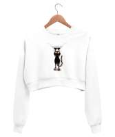 Kıyafete Asılan Komik Kedi - Cat Beyaz Kadın Crop Sweatshirt - Tisho