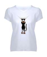 Kıyafete Asılan Komik Kedi - Cat Beyaz Kadın V Yaka Tişört - Tisho