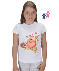 Kız çocuk kalp, ayıcık ve gül desenli tişört Çocuk Karpuz Kol - Tisho