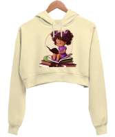 Kız Krem Kadın Crop Hoodie Kapüşonlu Sweatshirt - Tisho