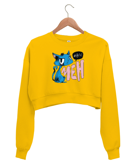 Tisho - Kızgın Kedi Sarı Kadın Crop Sweatshirt